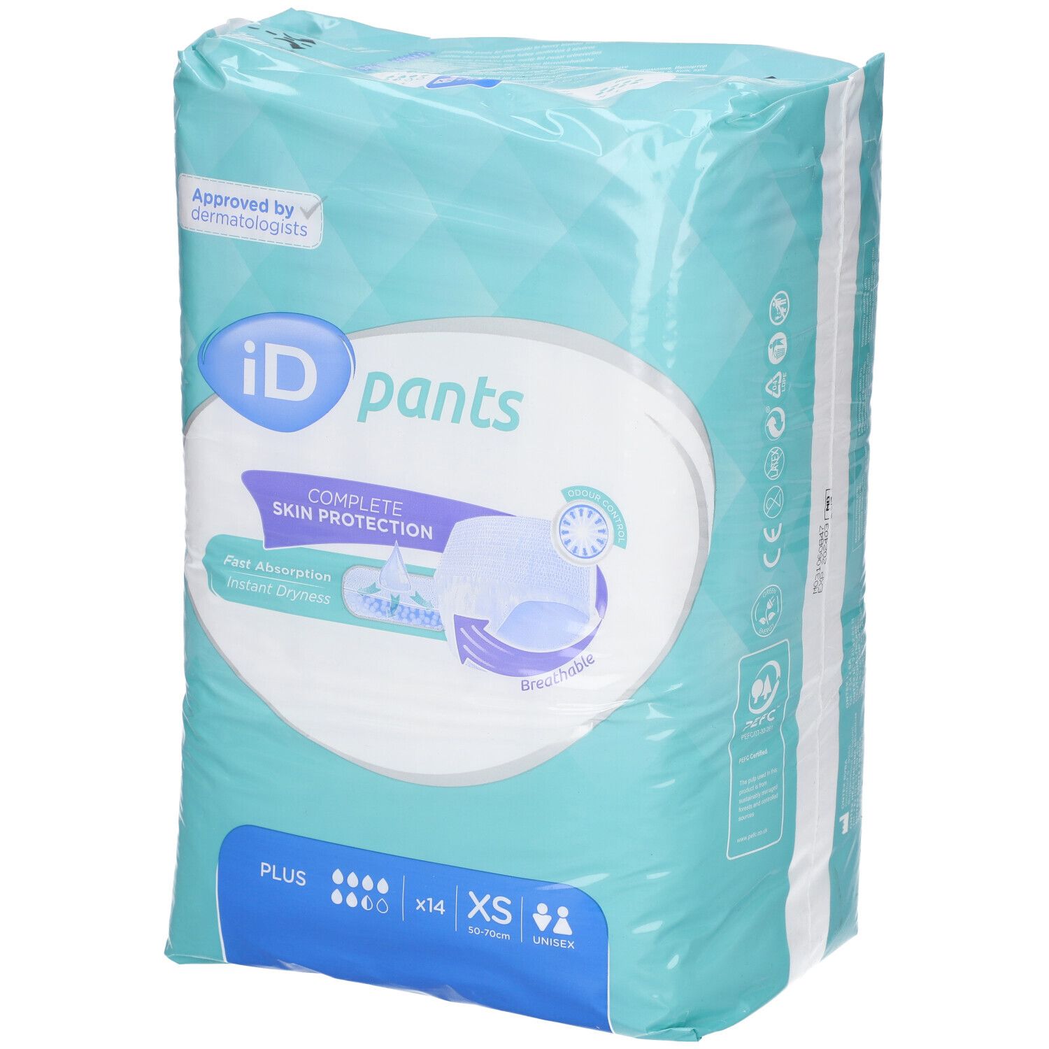 Verpakking iD Pants Plus Gr. XS. Lichtblauwe folie met productafbeelding en tekst. Certificering "Approved by Dermatologists".