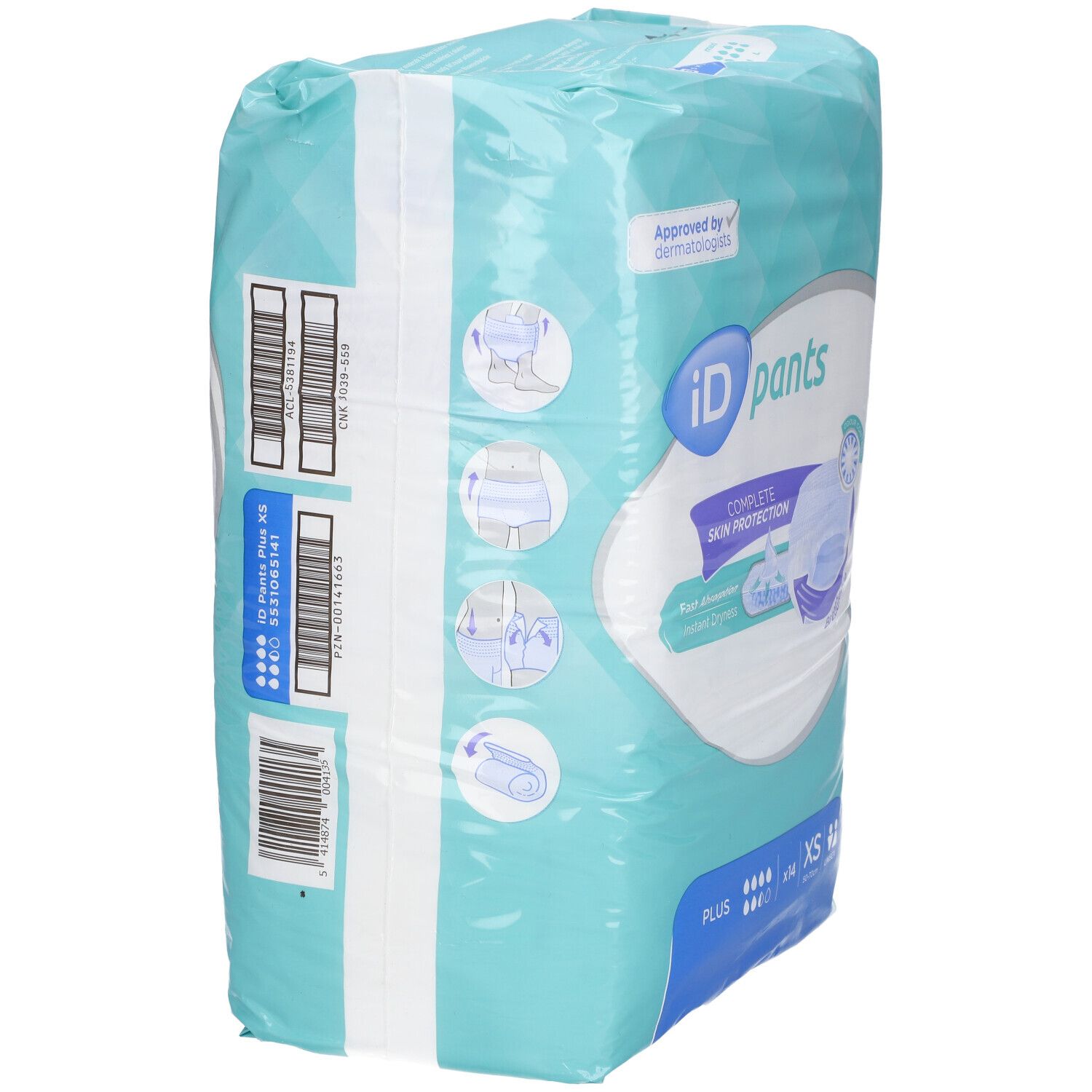 Verpakking iD Pants Plus Gr. XS. Zijaanzicht. Lichtblauwe folie met productafbeelding en tekst. Barcodes en informatie.