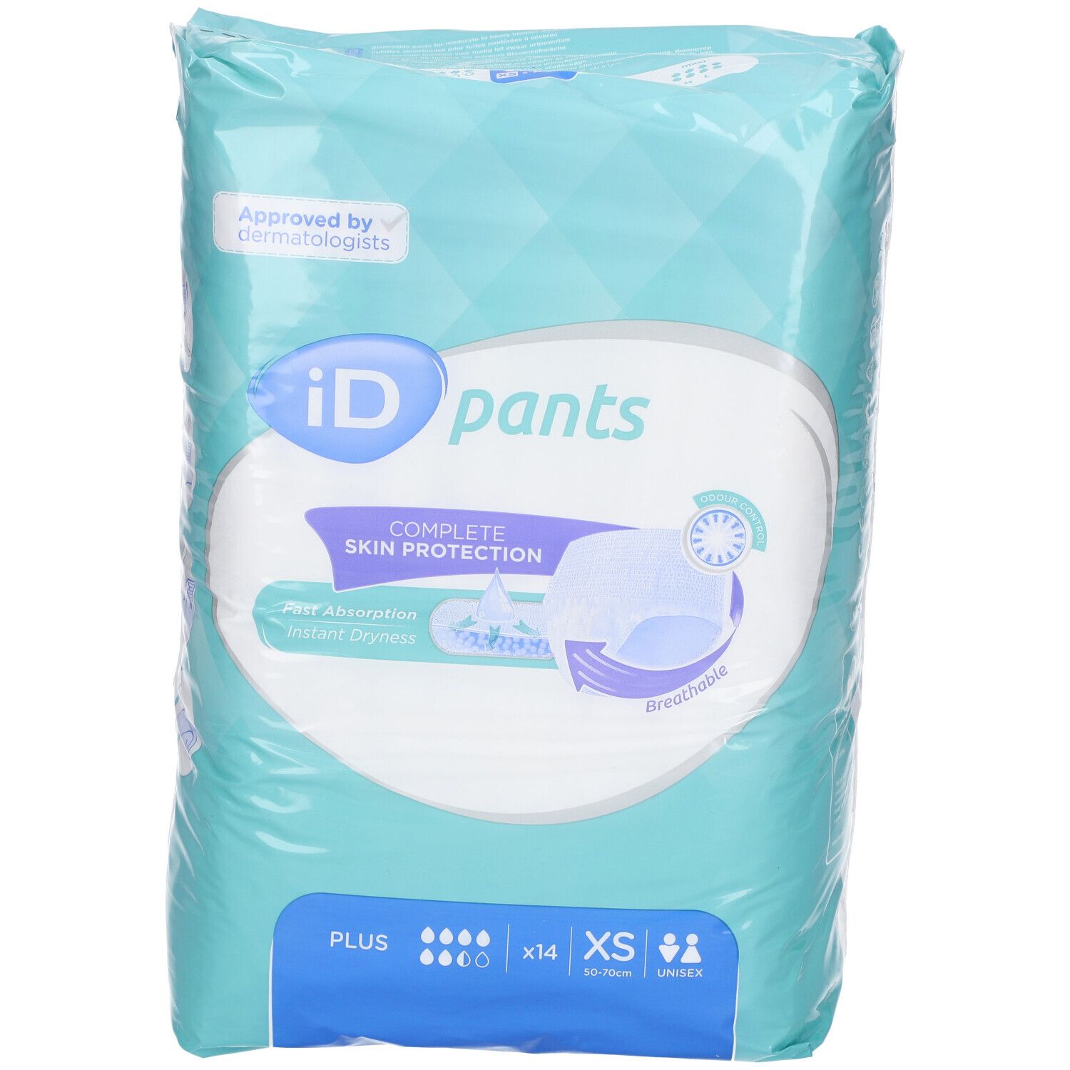 Verpakking iD Pants Plus Gr. XS. Lichtblauwe folie met productafbeelding en tekst. Certificering "Approved by Dermatologists".