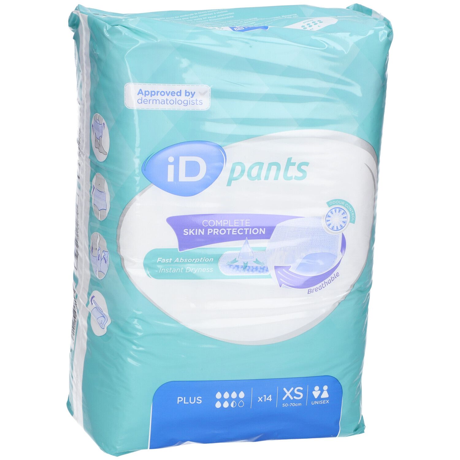 Verpakking iD Pants Plus Gr. XS. Lichtblauwe folie met productafbeelding en tekst. Productkenmerken en certificeringen.