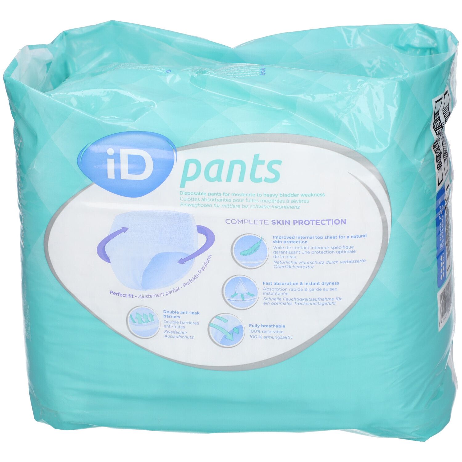 iD pants, verpakking. Blauwe verpakking met opschrift: iD pants, Complete Skin Protection. Kenmerken: ademend, droog, dubbele lekbescherming.