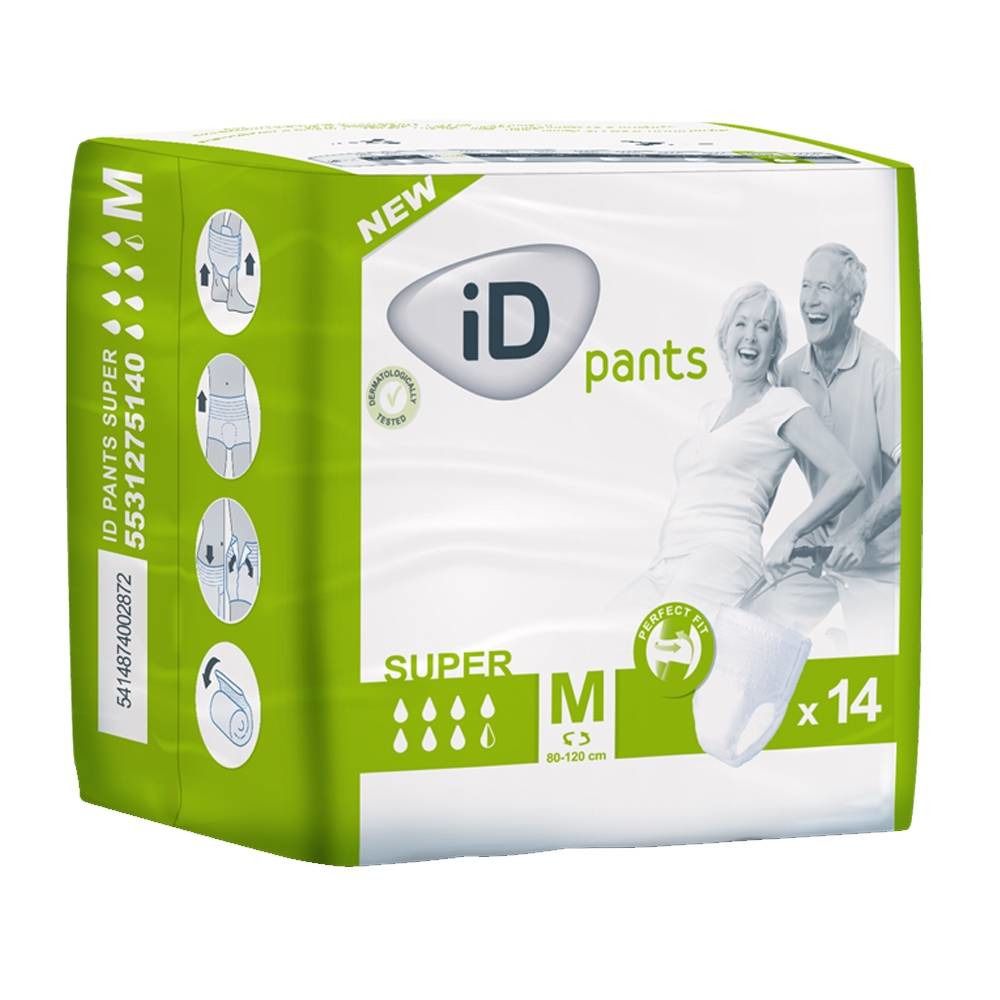 iD Pants Super M-verpakking. Groen-witte verpakking met productafbeelding en pictogrammen. Bevat 14 stuks. Maat M.