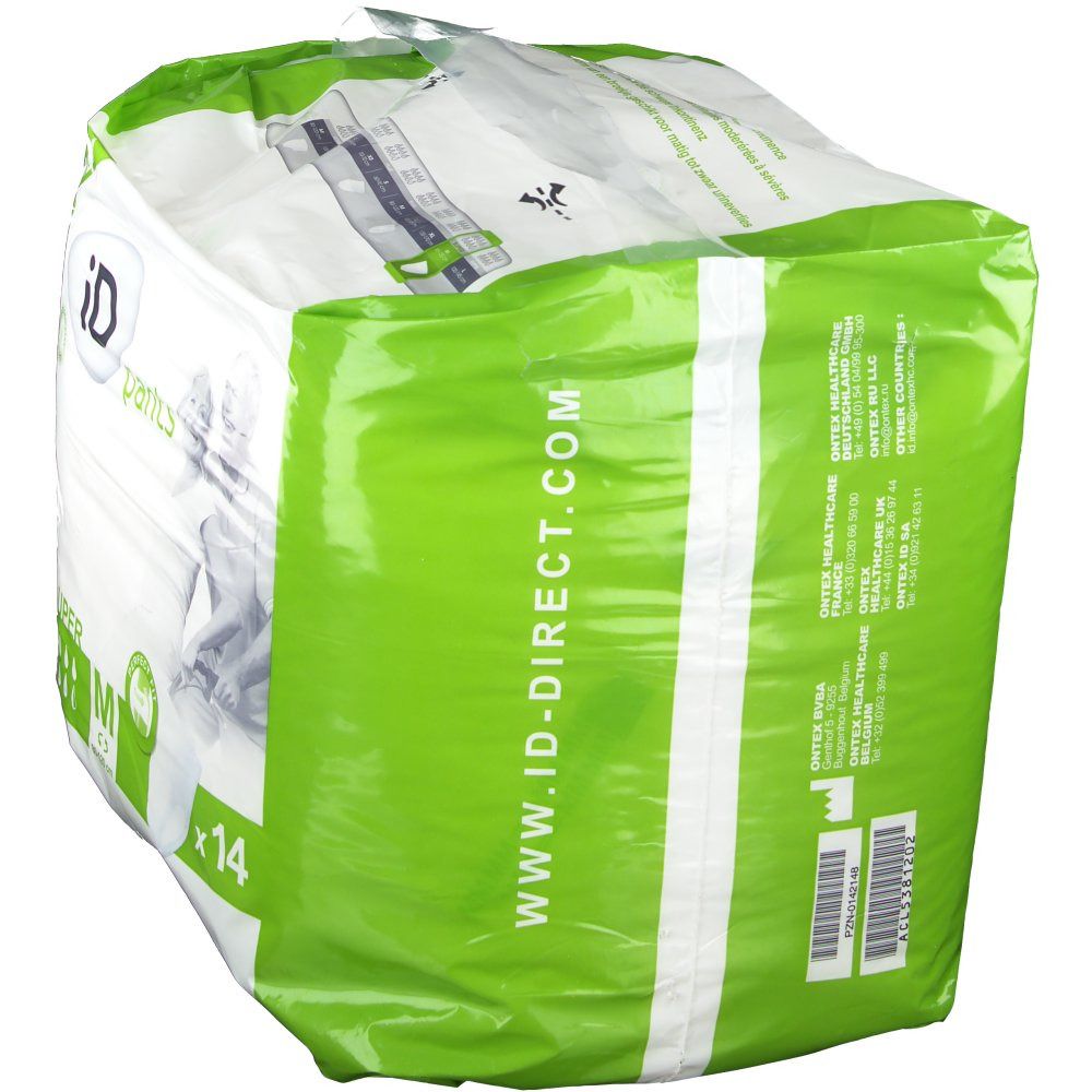 Achterkant iD Pants Super M-verpakking. Groen-witte plastic verpakking met productinformatie en barcode. Bevat 14 stuks.