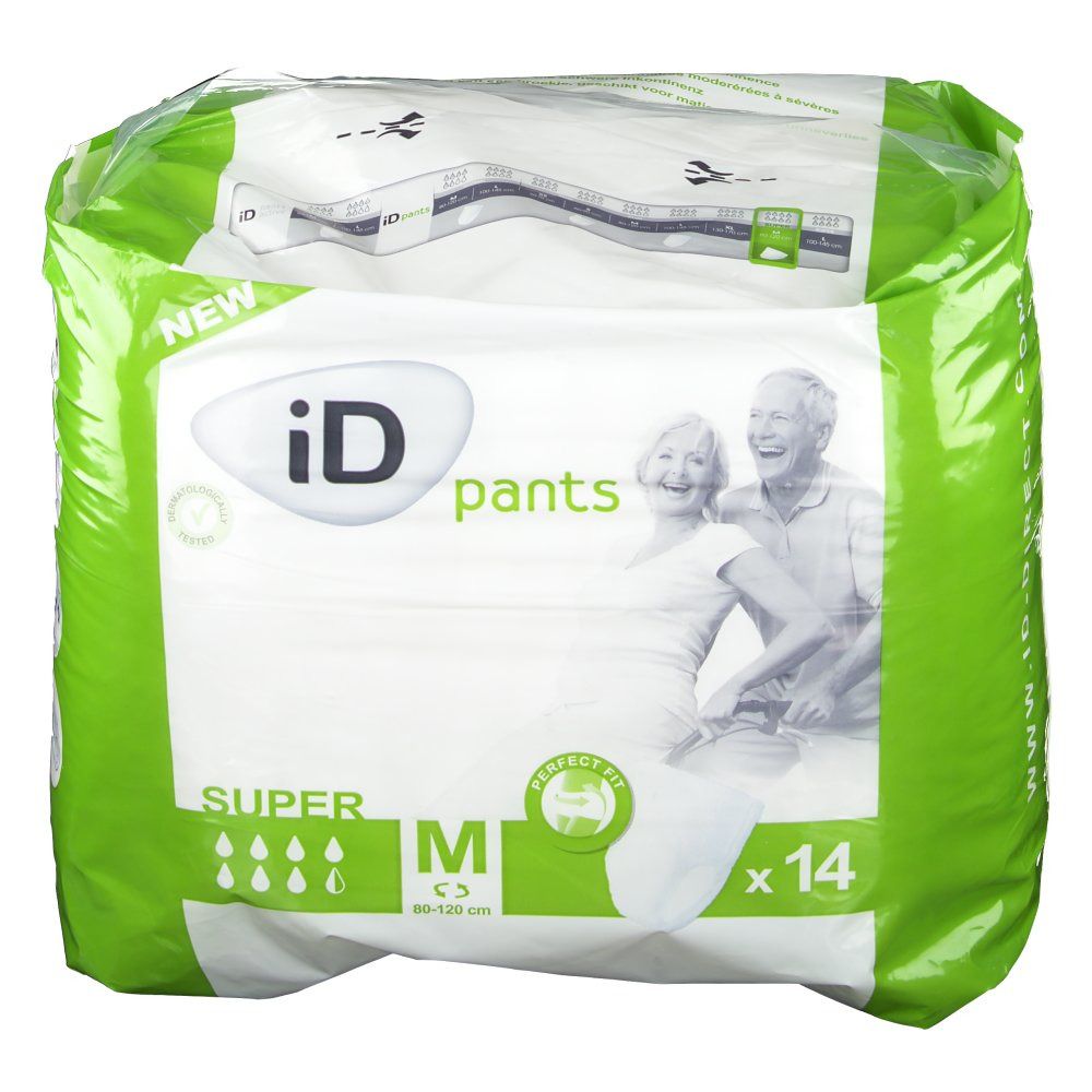 iD Pants Super M-verpakking. Groen-witte verpakking met productafbeelding en pictogrammen. Bevat 14 stuks. Maat M.