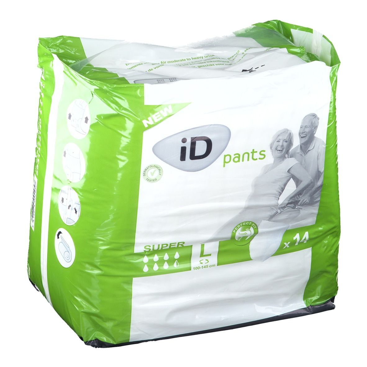 Verpakking iD pants Super L. Groen-witte plastic verpakking met logo en afbeelding. Maat L, 14 stuks.
