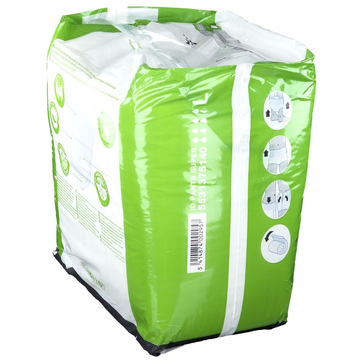 Verpakking iD pants Super L. Groen-witte plastic verpakking. Achterkant met info en barcode. Maat XL.