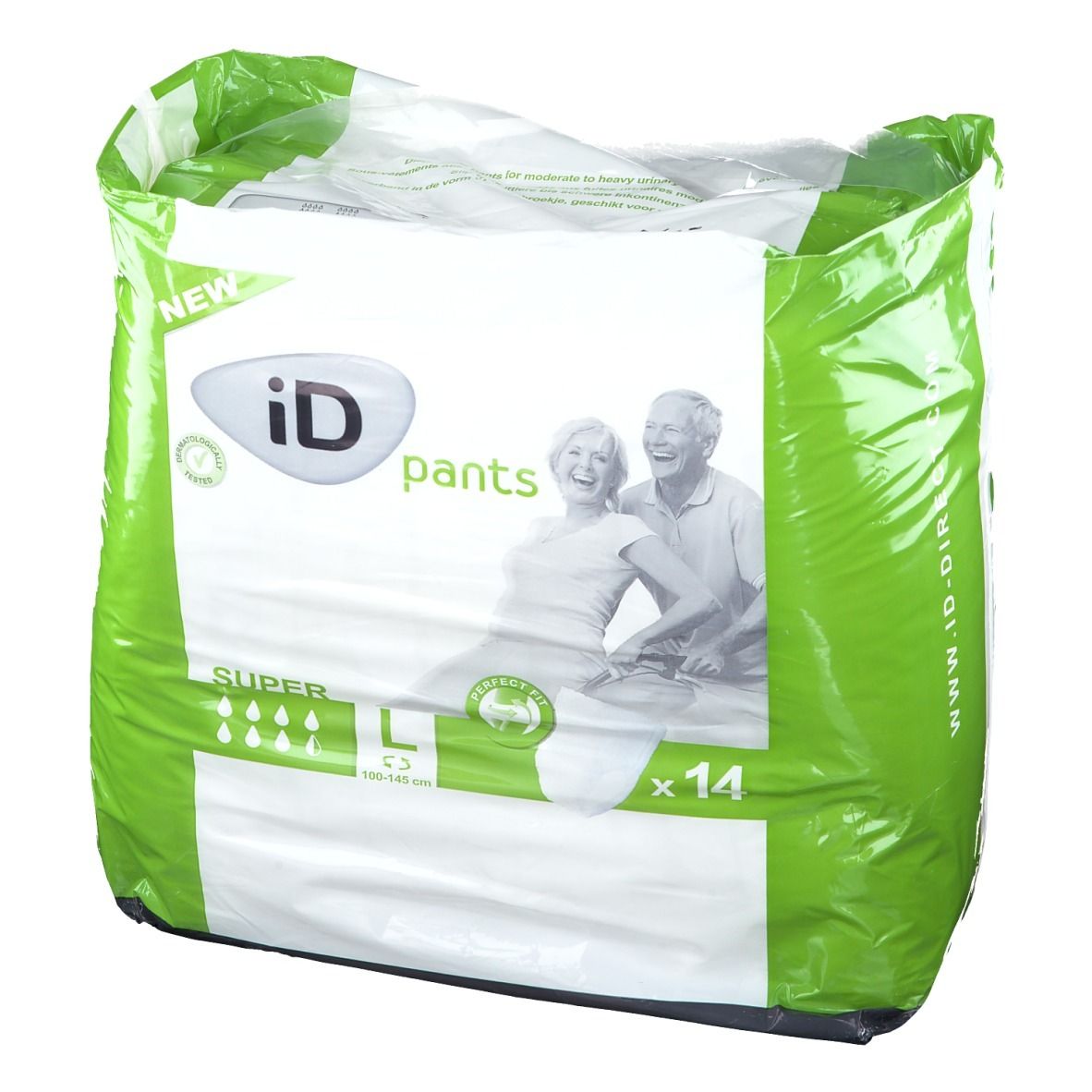 Verpakking iD pants Super L. Groen-witte plastic verpakking met logo en afbeelding. Maat L, 14 stuks.