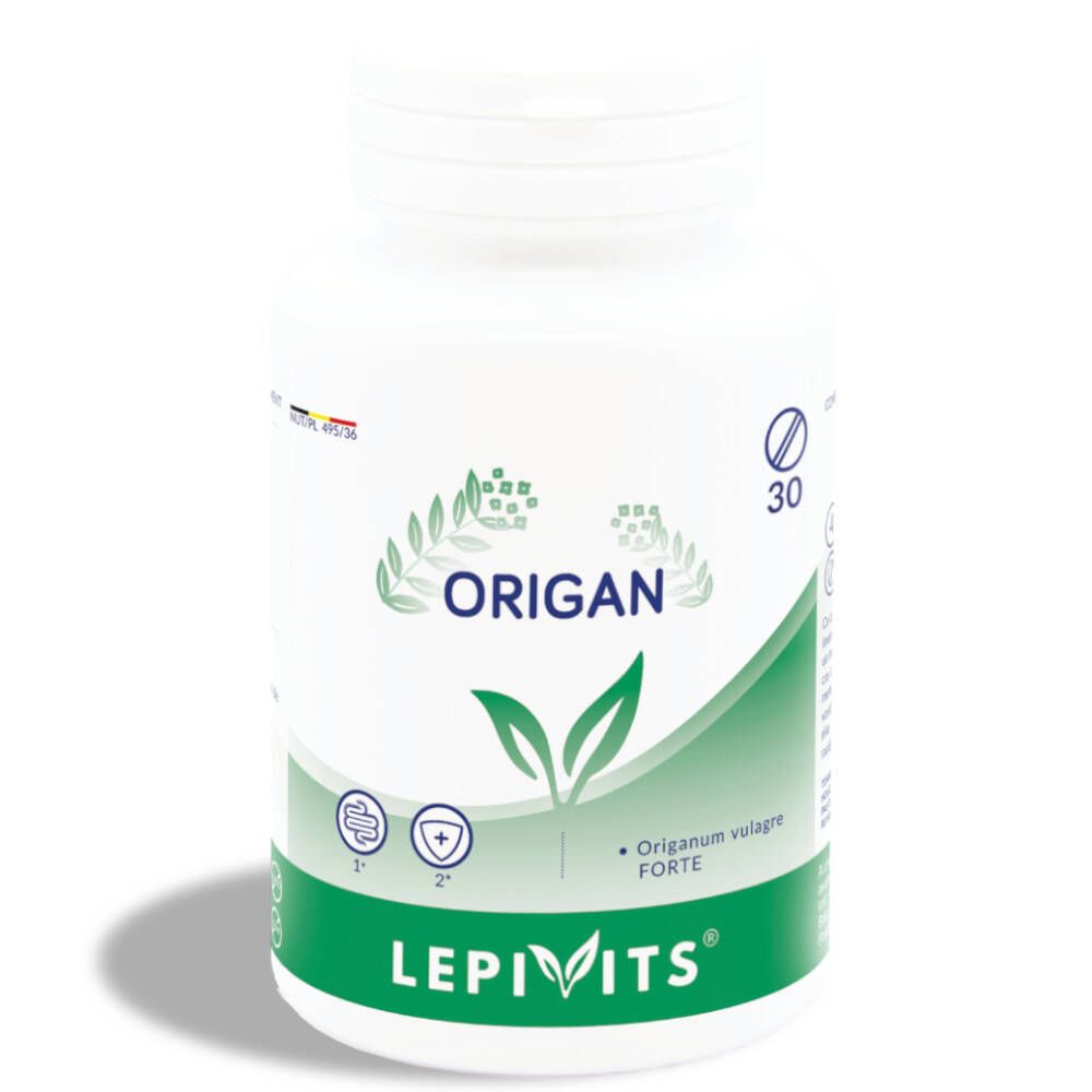 Flacon blanc LEPIVITS® Oregano. Inscription ORIGAN, 30 comprimés. Étiquette verte et blanche.