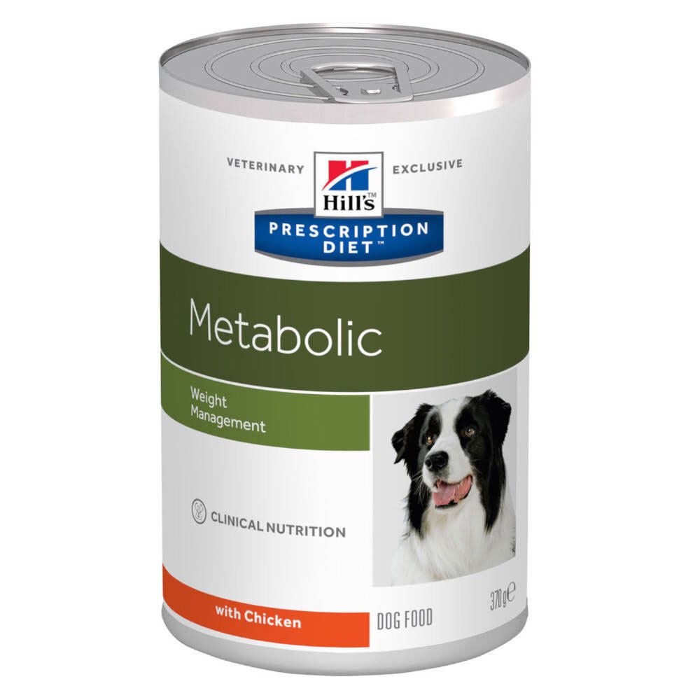 Hill's Prescription Diet Metabolic hondenvoer in blik. Groen-wit etiket met hond, tekst en logo.