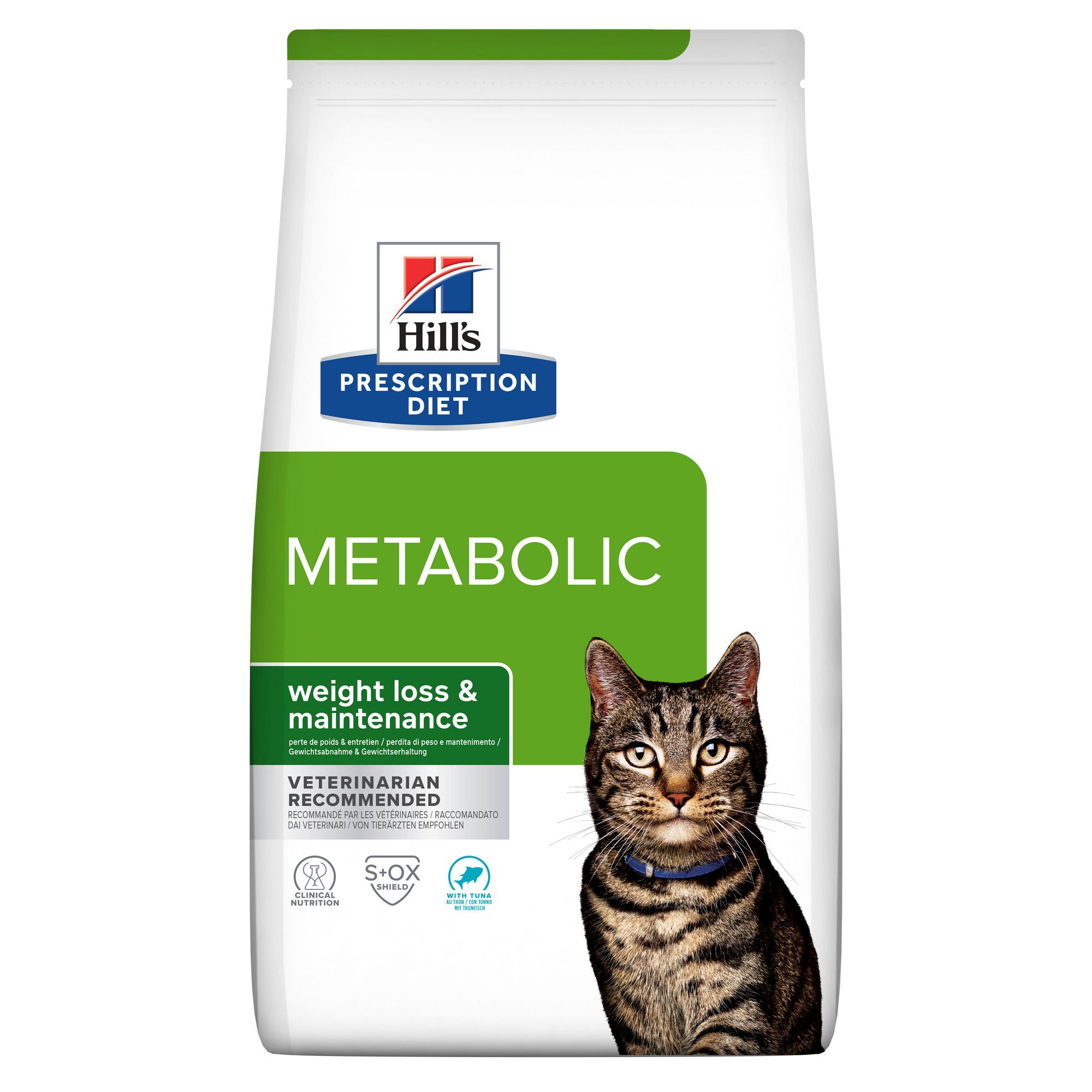 Witte zak met opdruk. Bevat droogvoer voor katten. Opschrift: Hills Prescription Diet Metabolic. Afbeelding van een kat.