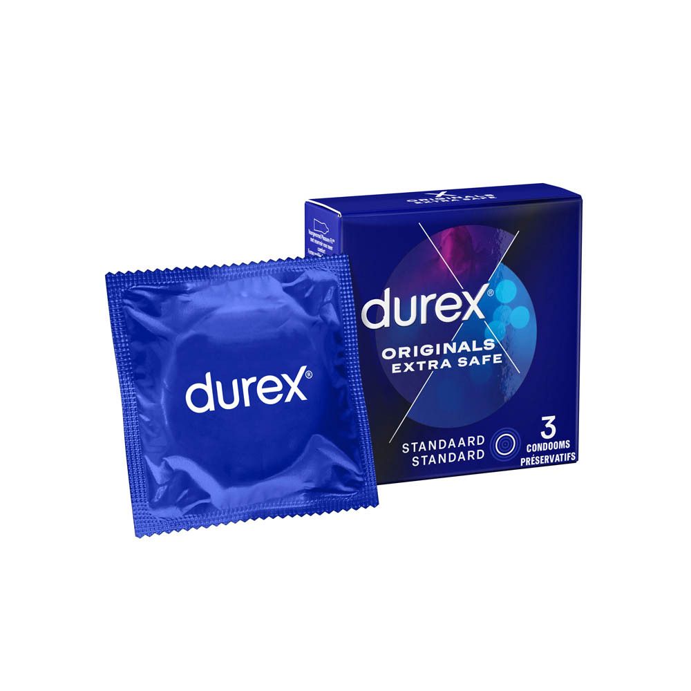 Durex Originals Extra Safe condoom en verpakking. Blauwe verpakking met 3 condooms.