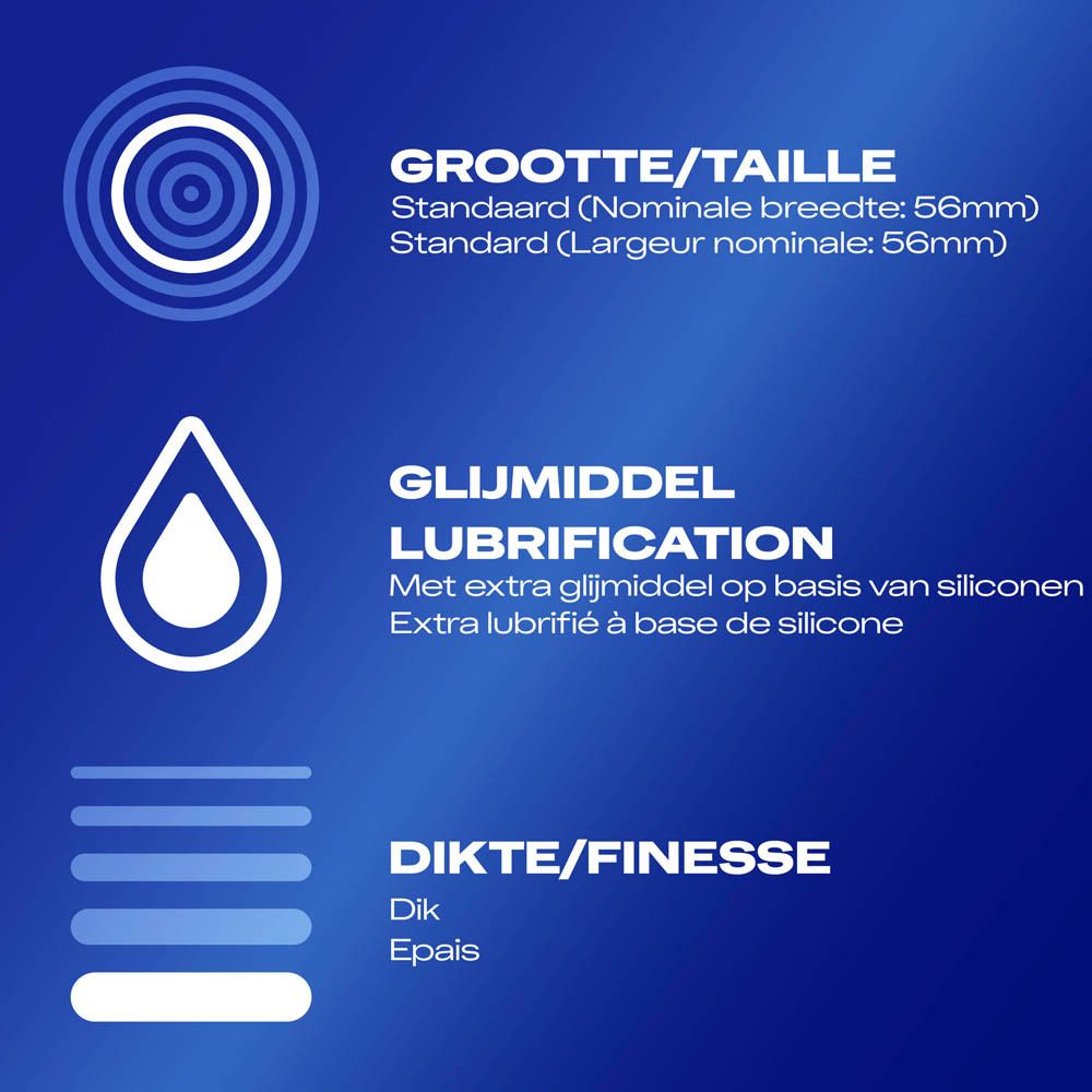Grafische weergave: maat, glijmiddel, dikte. Tekst in Nederlands en Frans.
