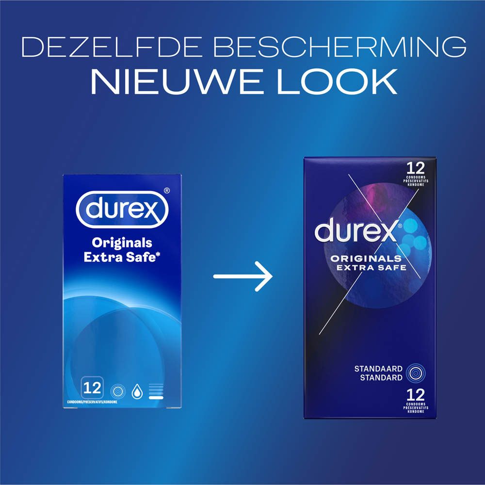 Durex® Originals Extra Safe condooms en individuele verpakking. Blauwe doos.