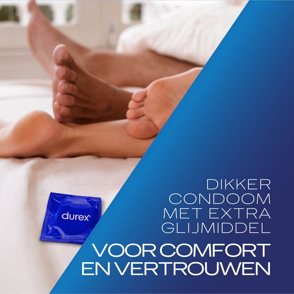 Durex® Originals Extra Safe condoomverpakking. Blauwe doos met tekst en 12 condooms.