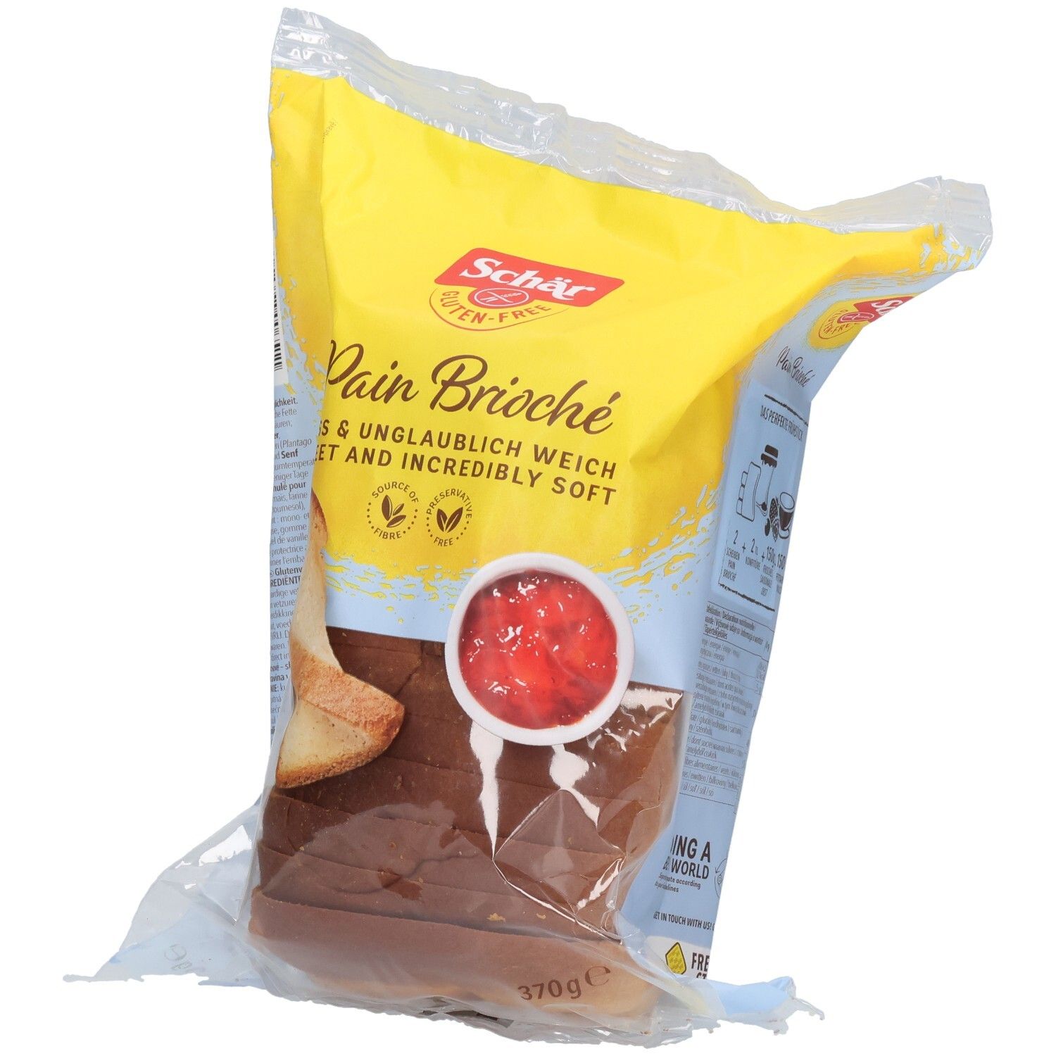 Emballage de pain brioché sans gluten Schär. Emballage jaune et bleu avec illustration de pain et confiture. 370g.