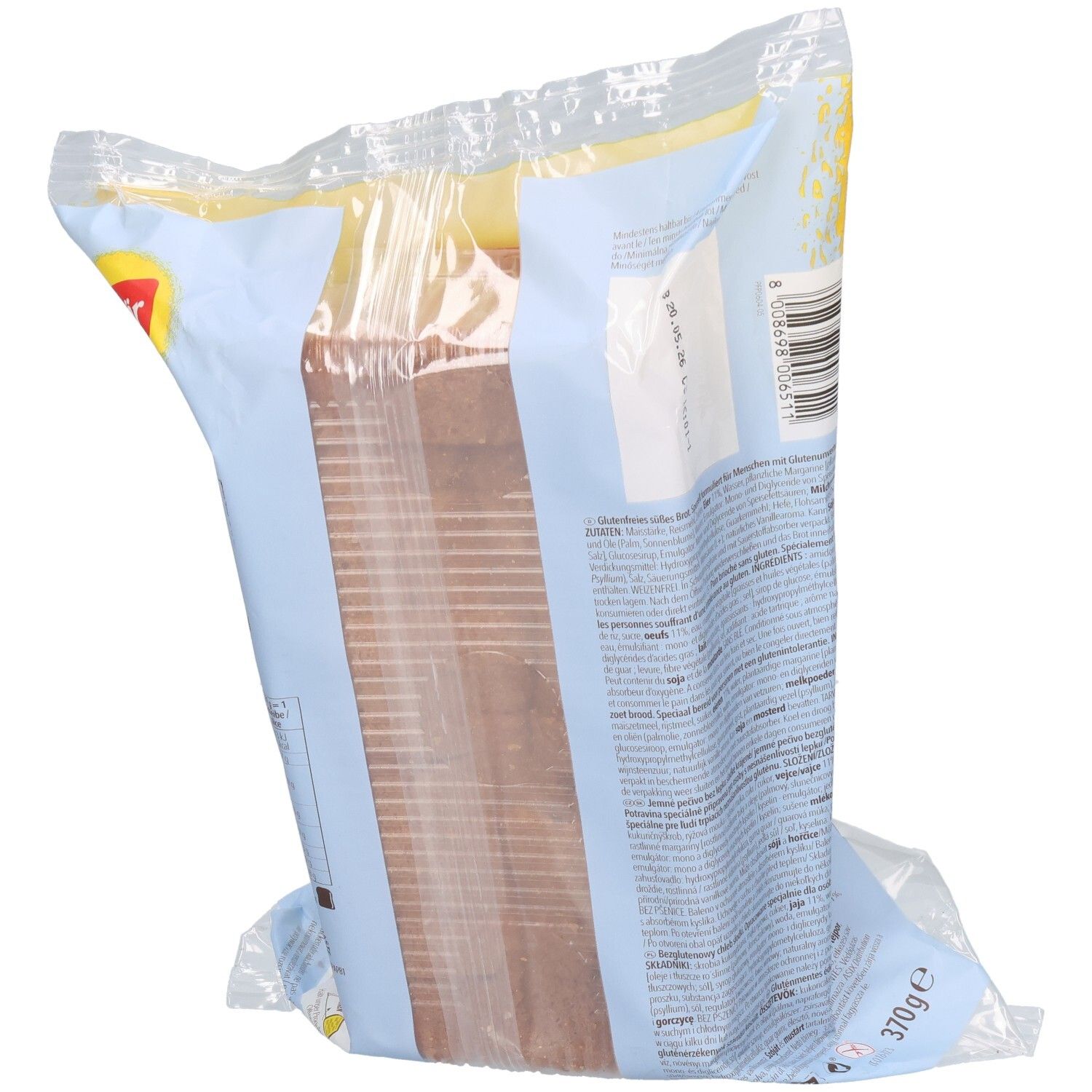 Emballage de pain brioché sans gluten Schär. Emballage bleu avec pain. 370g. Dos avec texte.