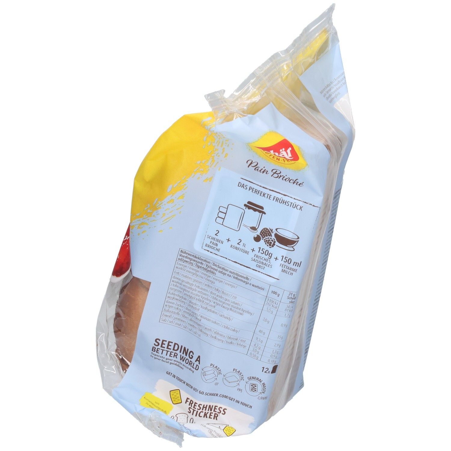 Emballage de pain brioché sans gluten Schär. Dos avec texte et illustrations. 370g. Sceau de fraîcheur.