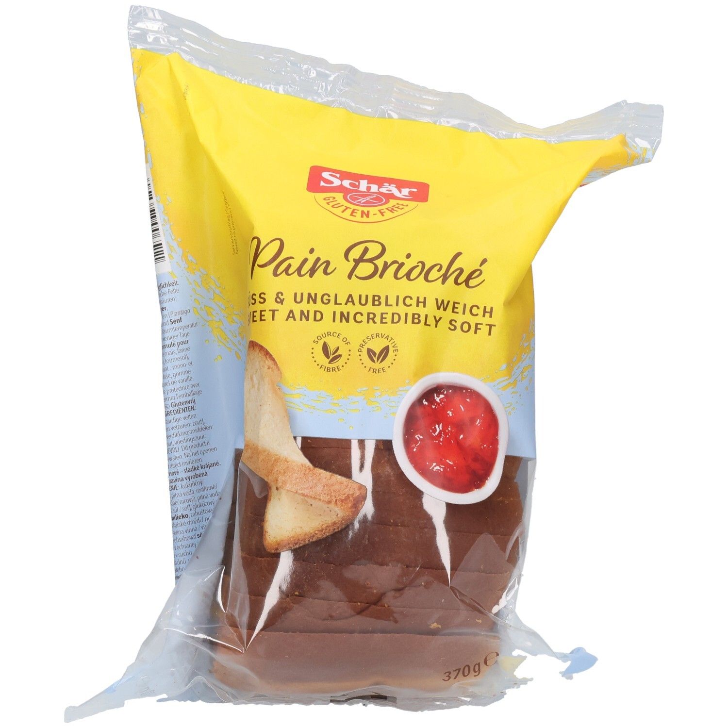 Emballage de pain brioché sans gluten Schär. Emballage jaune et bleu avec illustration de pain et confiture. 370g.