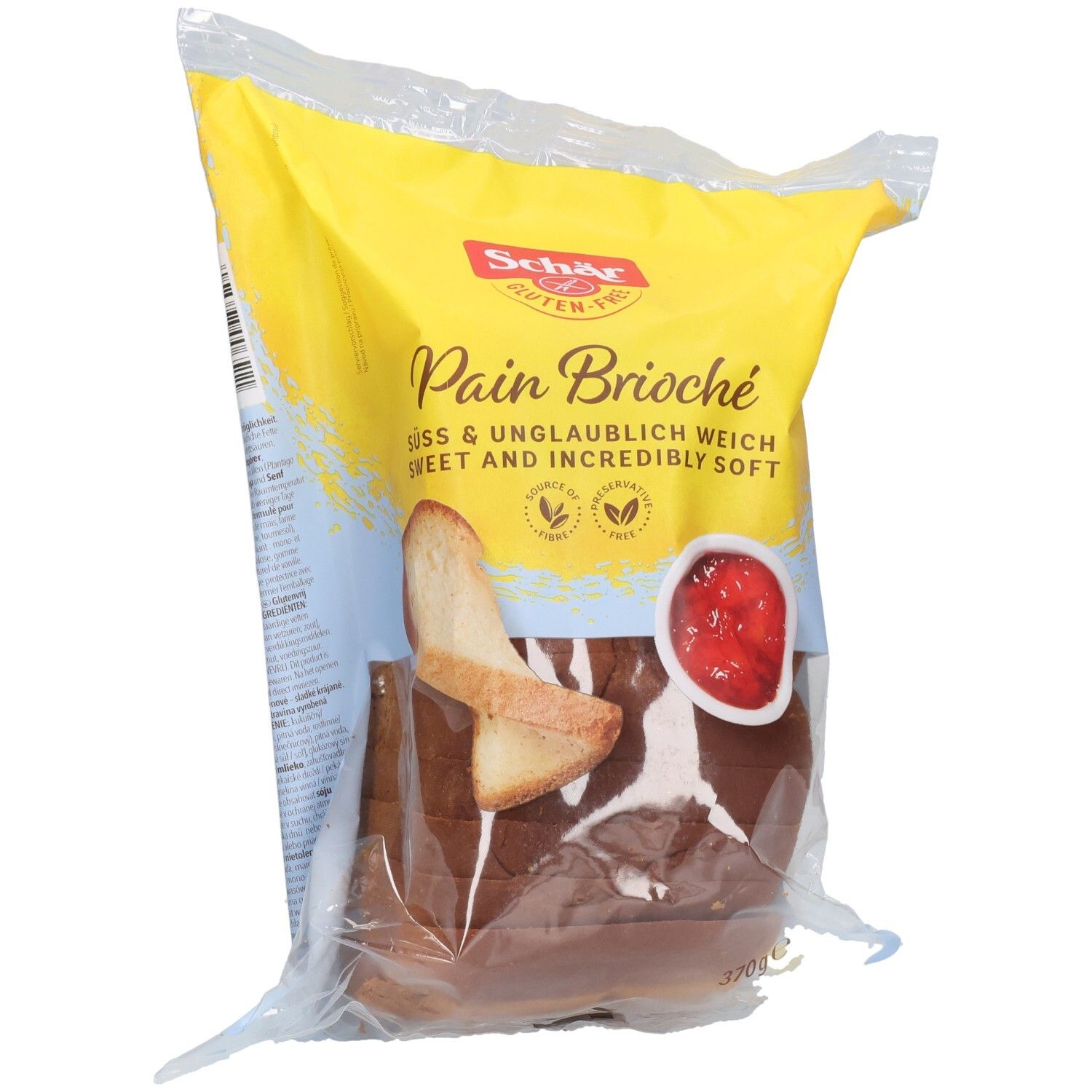 Emballage de pain brioché sans gluten Schär. Emballage jaune et bleu avec illustration de pain et confiture. 370g.