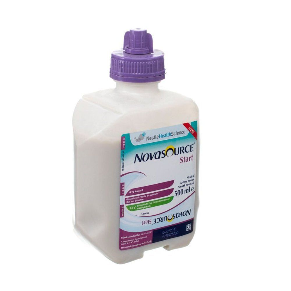 Récipient blanc carré avec bouchon violet. Étiquette avec "Novasource Start" et autres informations. 500 ml.