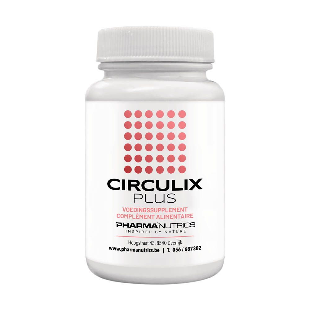 Flacon blanc de Circulix Plus, PharmaNutrics. Inscription et points rouges sur l'étiquette.