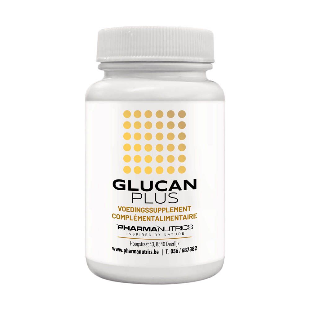 Witte fles met capsules. Opschrift: Glucan Plus, Pharmanutrics. Gele stippen op de voorkant.