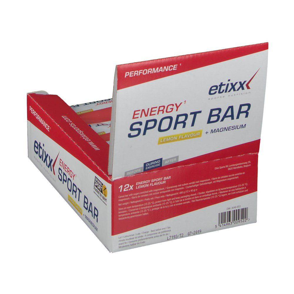 Emballage Etixx Energy Sportbar Lemon, partiellement ouvert. Emballage rouge et blanc avec nom et logo du produit. Arrière visible.