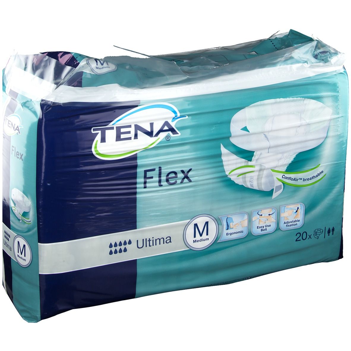 Verpakking Tena Flex Ultima Medium. Merk en productnaam duidelijk zichtbaar. Maat M. 20 stuks.
