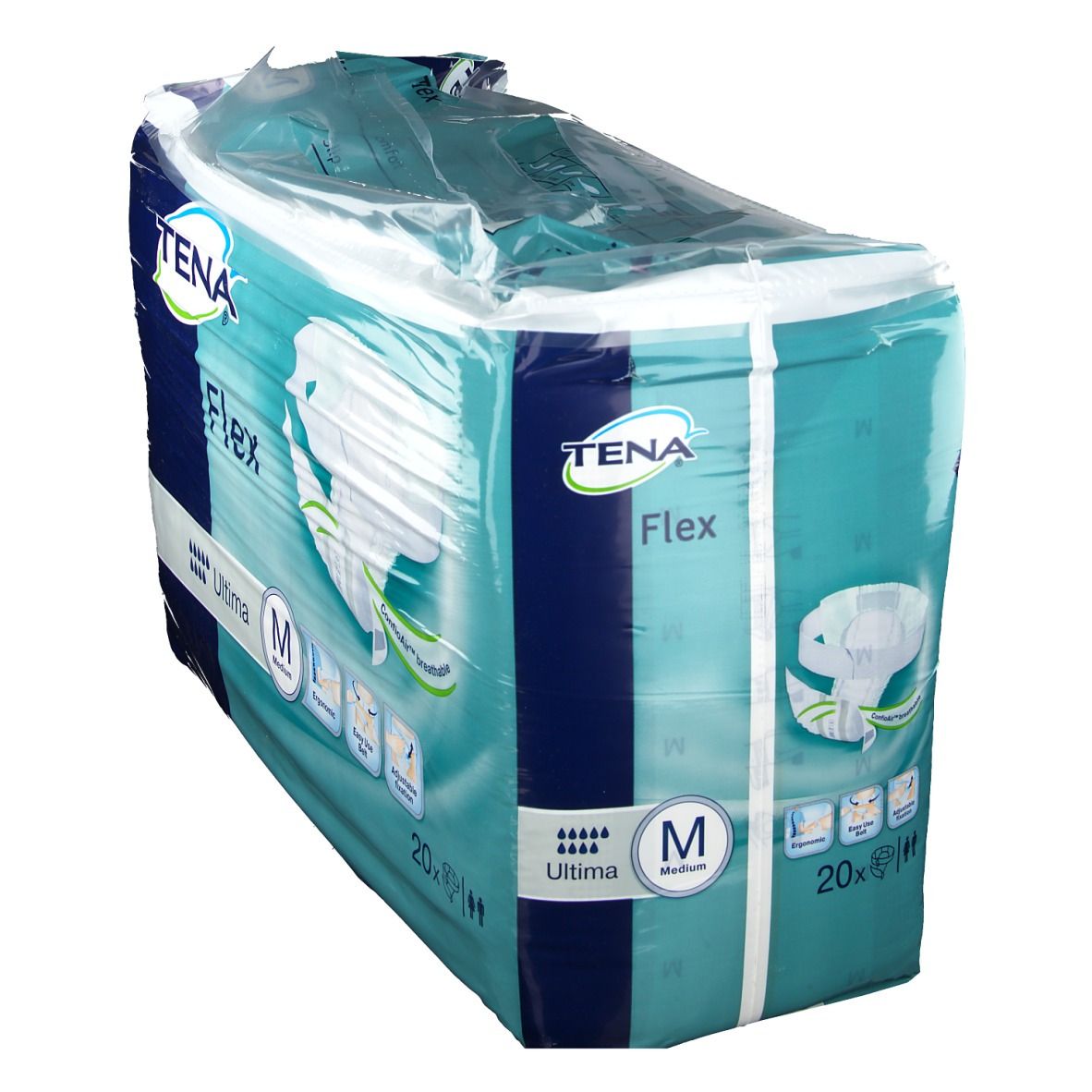 Verpakking Tena Flex Ultima Medium. Merk en productnaam zichtbaar. Maat M. 20 stuks.