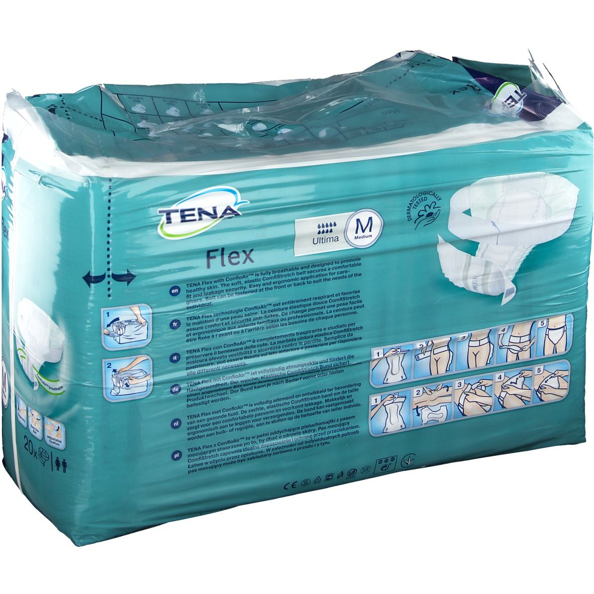 Verpakking Tena Flex Ultima Medium. Merk en productnaam zichtbaar. Maat M. 20 stuks. Achterkant met tekst.