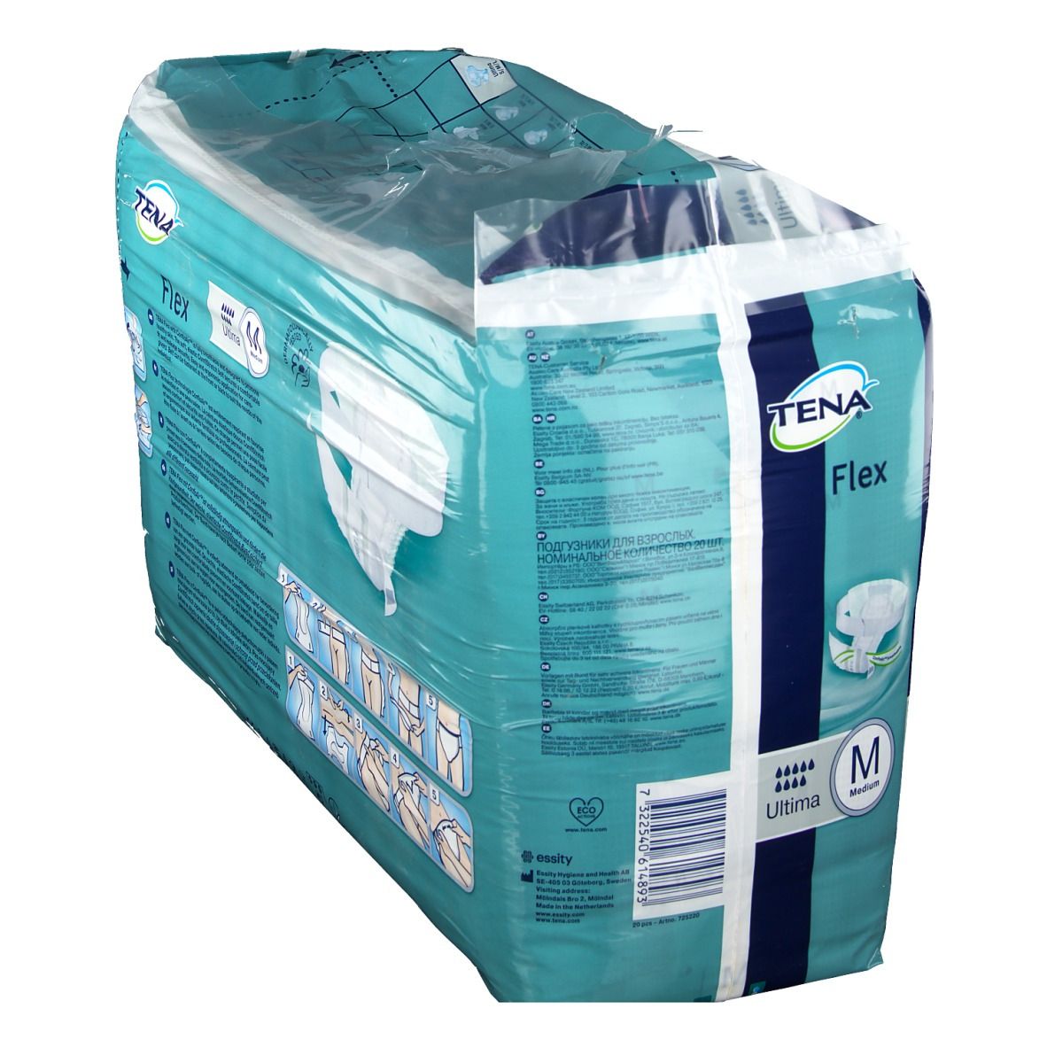 Verpakking Tena Flex Ultima Medium. Merk en productnaam zichtbaar. Maat M. 20 stuks. Schuine weergave.