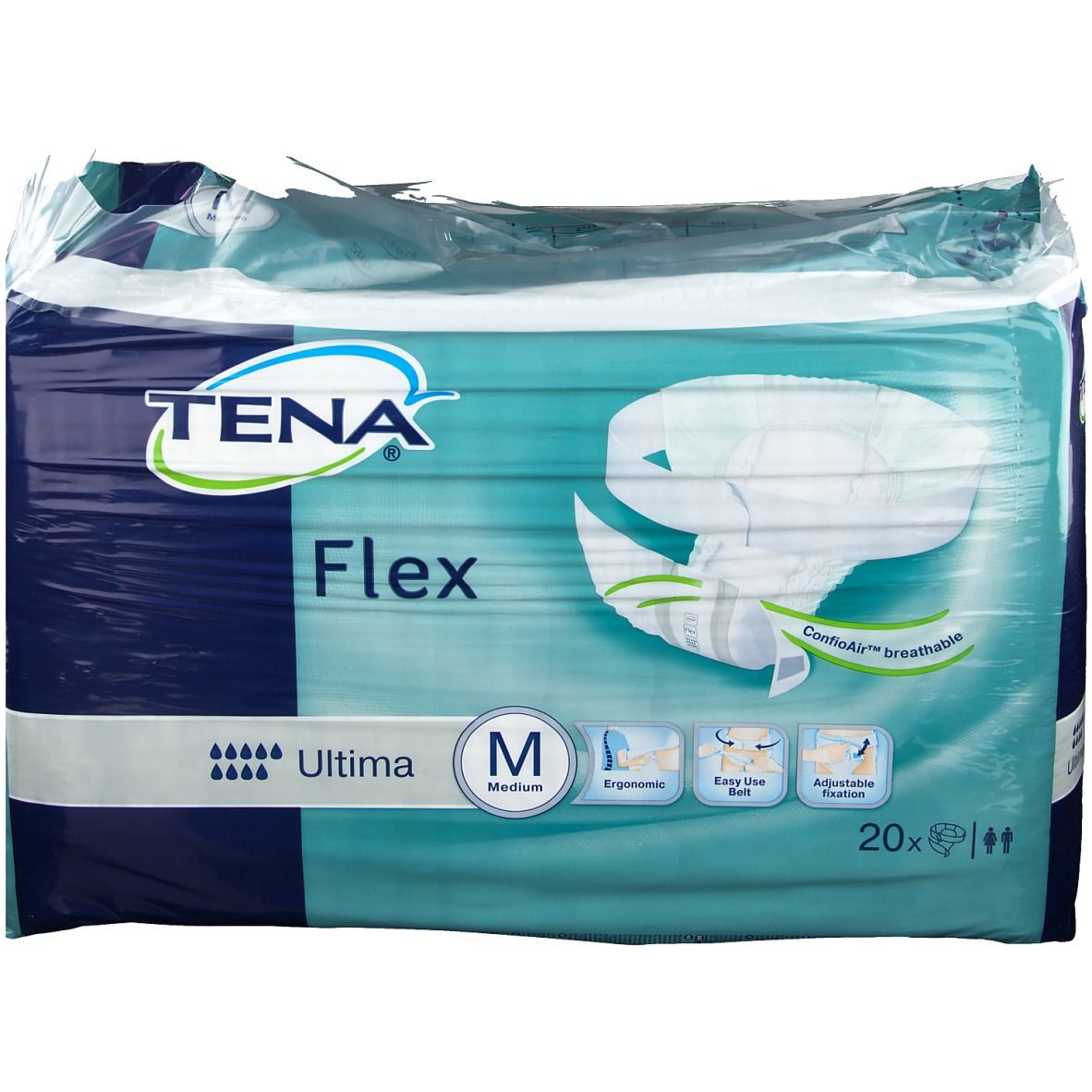 Verpakking Tena Flex Ultima Medium. Merk en productnaam zichtbaar. Maat M. 20 stuks. Kenmerken afgebeeld.