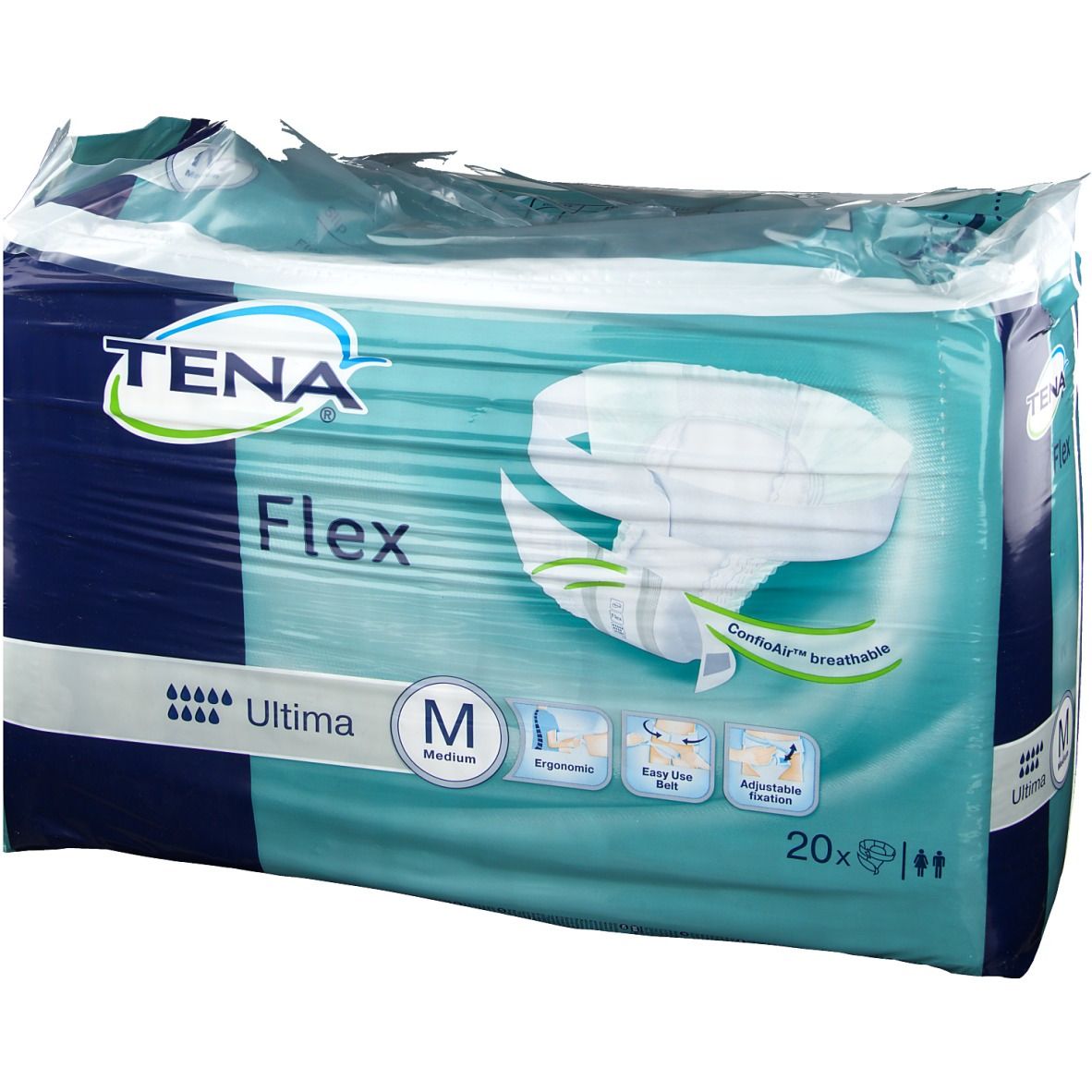 Verpakking Tena Flex Ultima Medium. Merk en productnaam zichtbaar. Maat M. 20 stuks. Kenmerken afgebeeld.