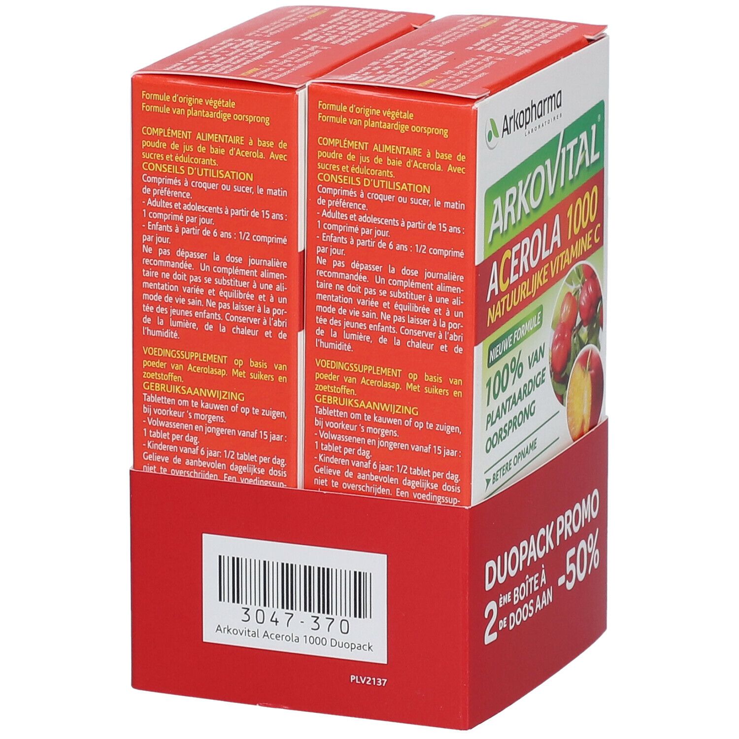 Achterkant van twee dozen Arkopharma Arkovital Acerola 1000 naast elkaar. Gebruiksaanwijzing en batchnummer.