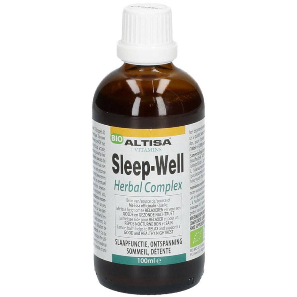 Flacon en verre brun avec bouchon blanc. Inscription : Altisa Sleep-Well Herbal Complex, label Bio. 100ml.