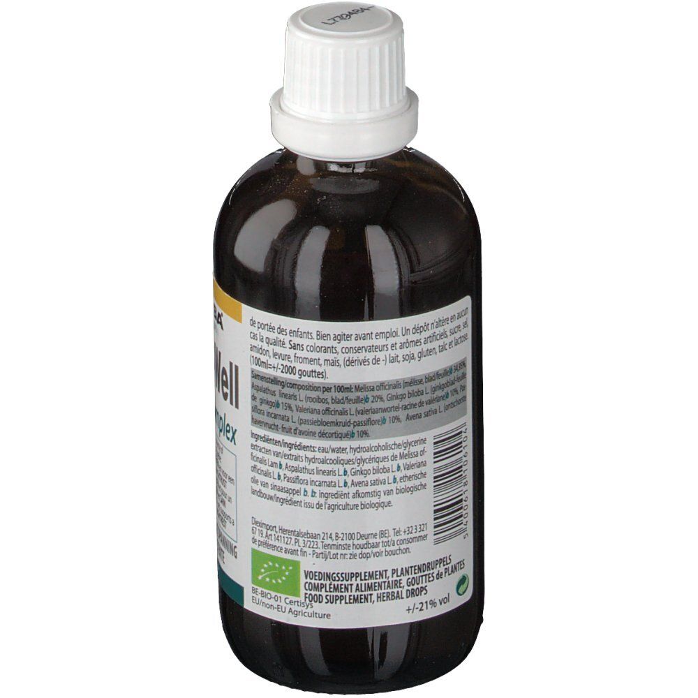 Vue arrière du flacon en verre brun. Étiquette avec ingrédients et informations. Label Bio.