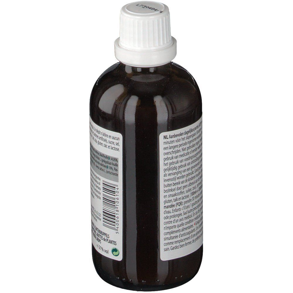 Vue arrière du flacon en verre brun. Étiquette avec informations. Label Bio. 21% vol.