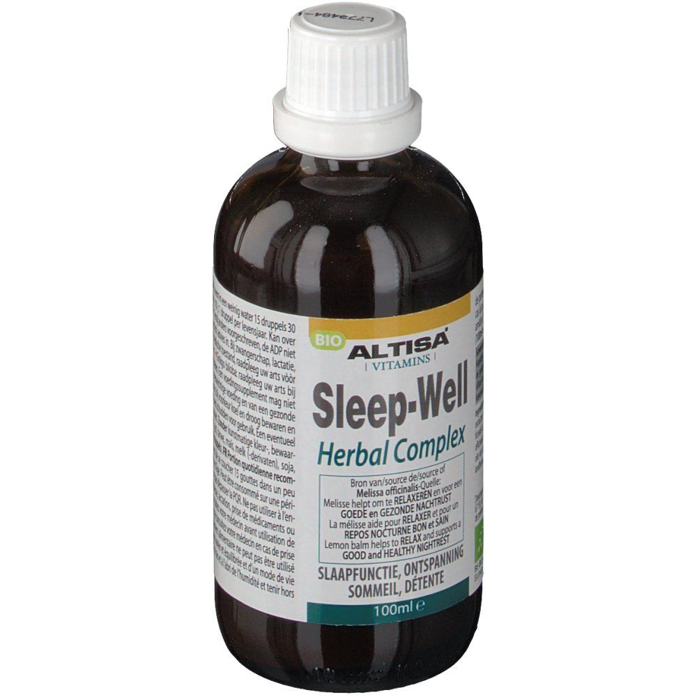 Flacon en verre brun avec bouchon blanc. Inscription : Altisa Sleep-Well Herbal Complex, label Bio. 100ml.
