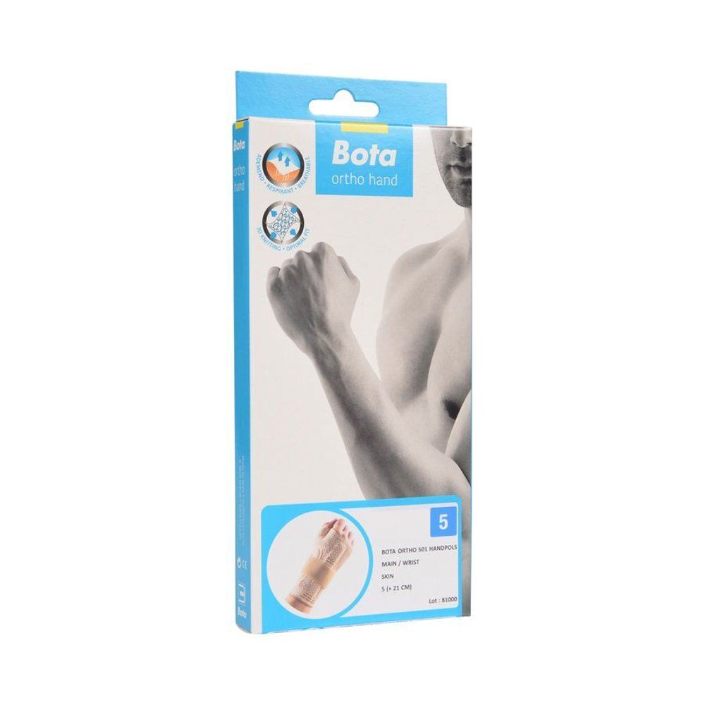 Verpakking van Bota Ortho Handpolsband 501. Blauw-witte doos met productafbeelding en naam.