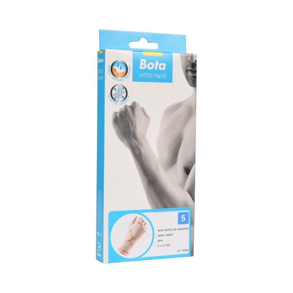Verpakking van de polsbrace. Blauw-witte doos. Productafbeelding. Tekst: Bota ortho hand, maat 5.