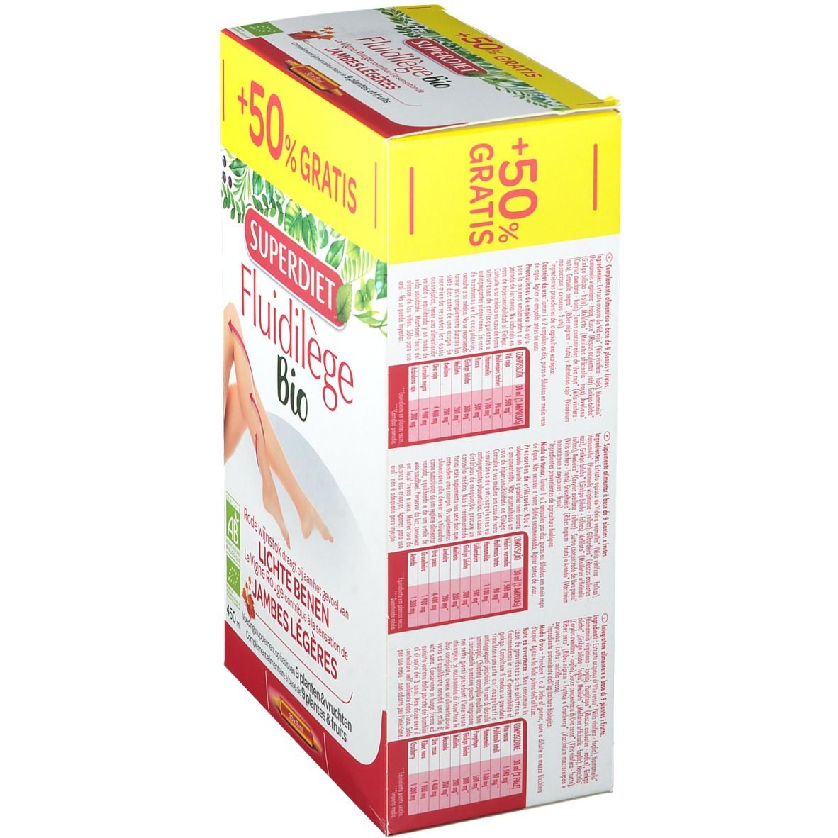 Zijkant verpakking Super Diet Fluidilège Bio. Productinfo en tekst. Gele strook met '+50% GRATIS'.