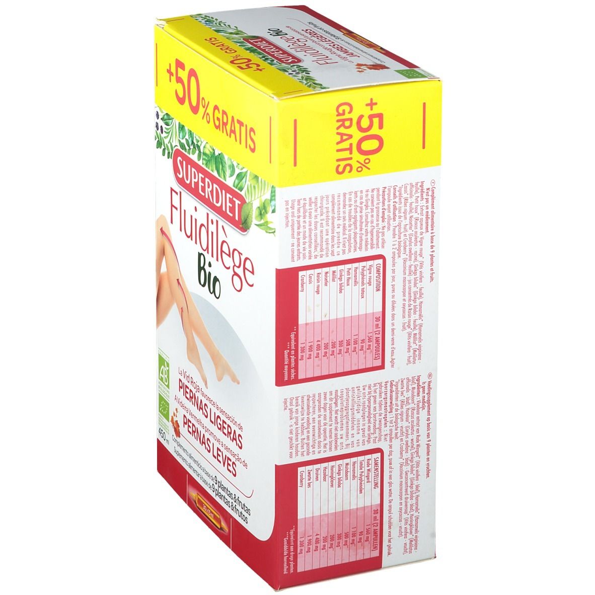 Zijkant verpakking Super Diet Fluidilège Bio. Productinfo en tekst. Gele strook met '+50% GRATIS'.
