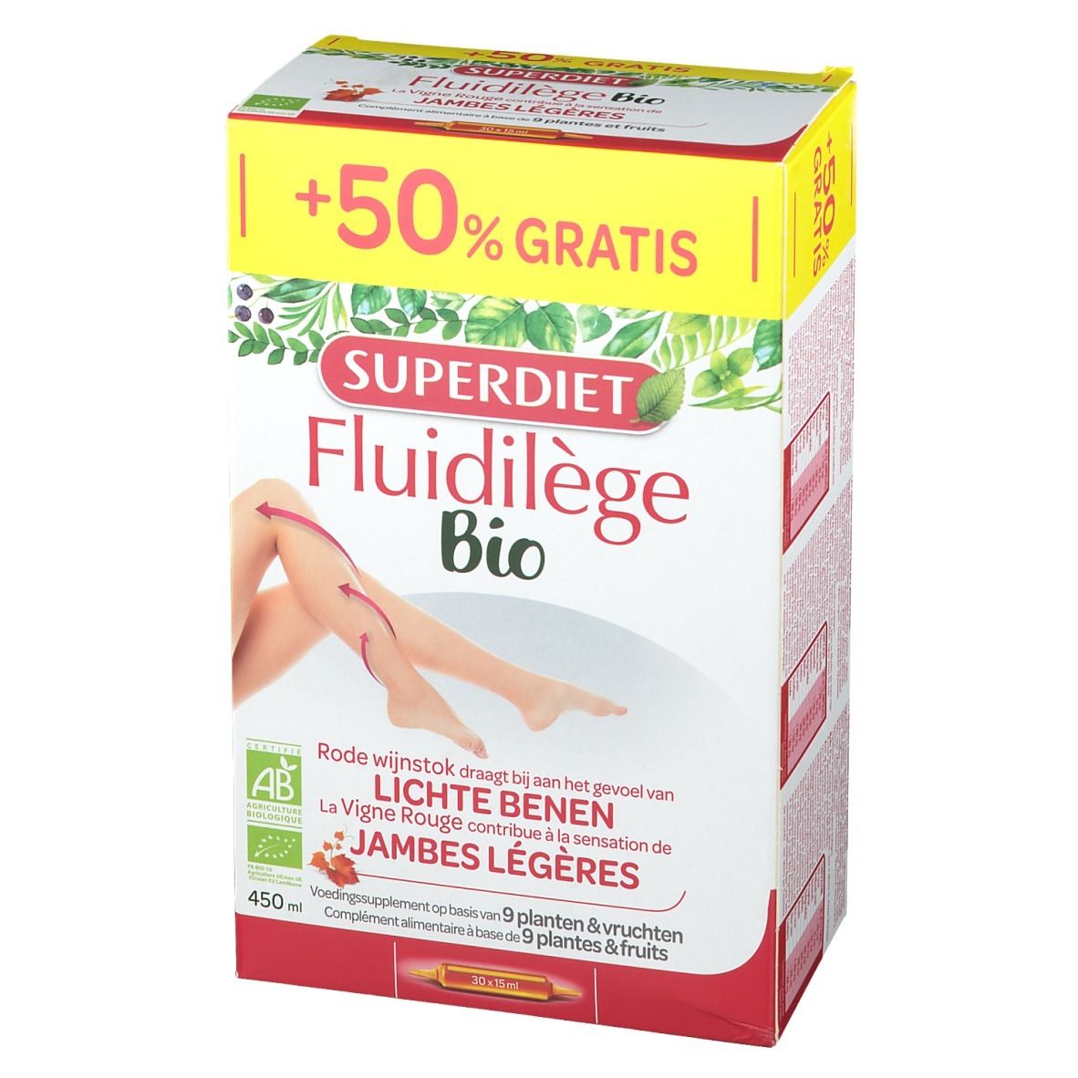 Verpakking Super Diet Fluidilège Bio. Vooraanzicht met naam, beenillustratie en tekst. Bio-certificering.