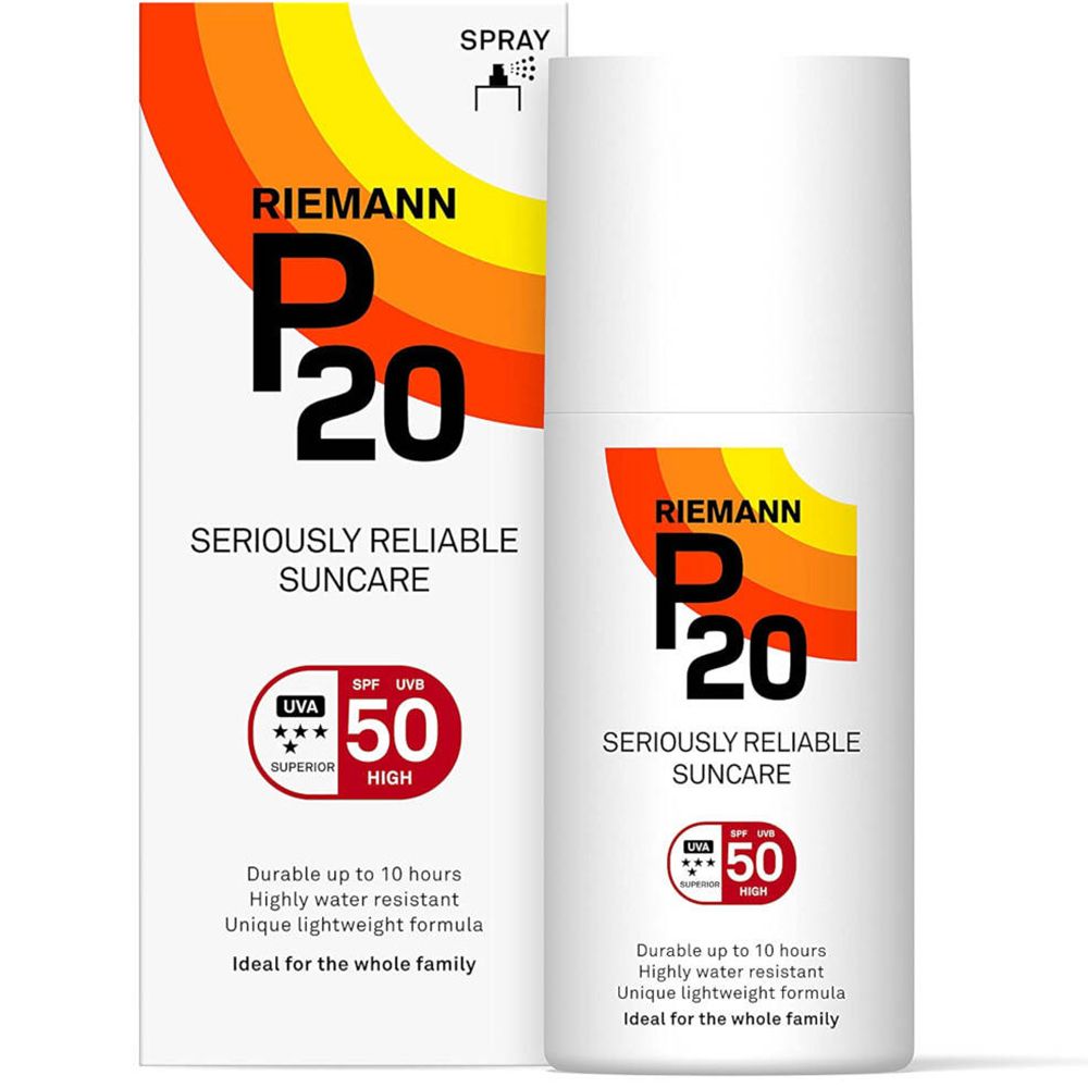 Riemann P20 SPF50+ spray en verpakking. Witte spray met rood, geel logo. SPF 50.