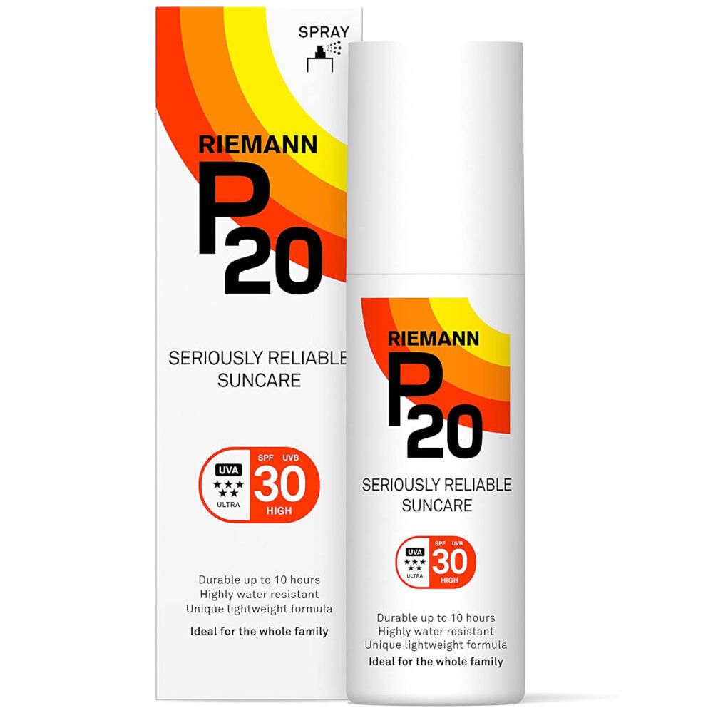 Witte spray met opdruk. Op de verpakking: Riemann P20, SPF 30. Geel-oranje design.