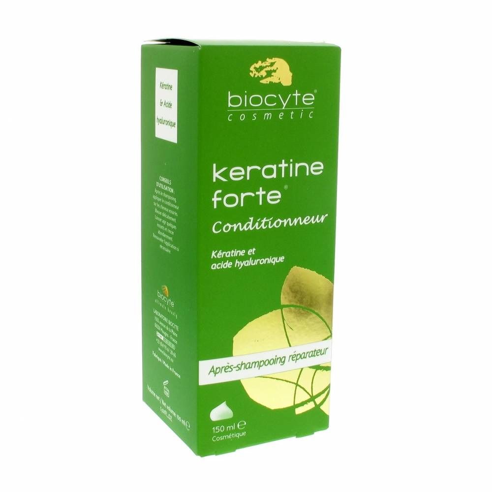 Groene doos met productnaam en logo. Tekst: Keratine Forte Conditionneur, Kératine et acide hyaluronique.