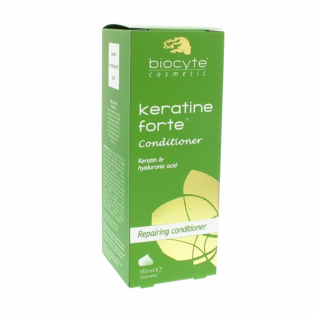 Groene doos met productnaam en logo. Tekst: Keratine Forte Conditioner, Keratin & hyaluronic acid.