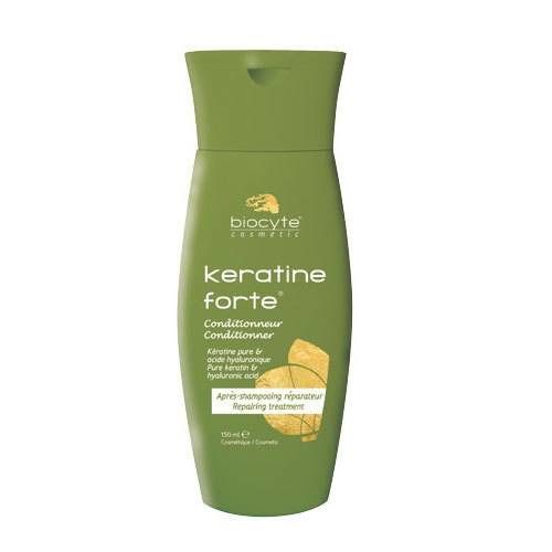 Groene fles met productnaam en logo. Tekst: Keratine Forte Conditionneur, Kératine pure & acide hyaluronique.