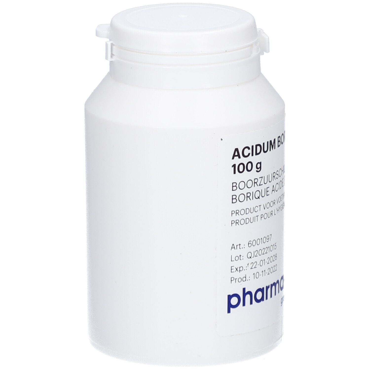 Witte pot met deksel. Opschrift 'Acidum Boricum' en '100 g' zichtbaar. Logo 'pharma-pack' onderaan.