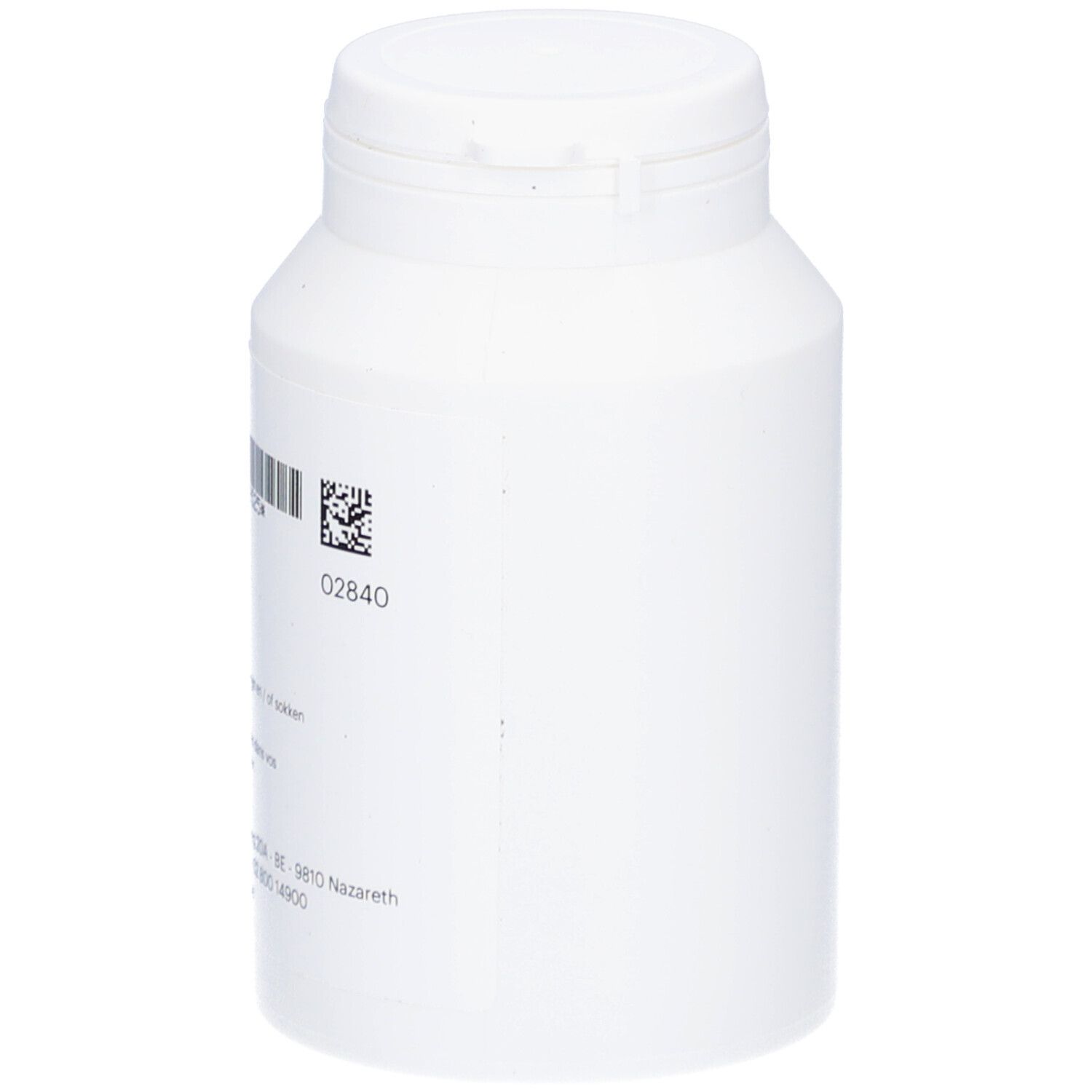 Witte pot, zijaanzicht. Barcode en tekst op etiket. Fabrikantinformatie en QR-code.